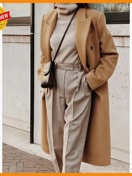 Long Wool Pea Coat Double Breasted Trench Overcoat Winter Fall - Picture 3 of 4